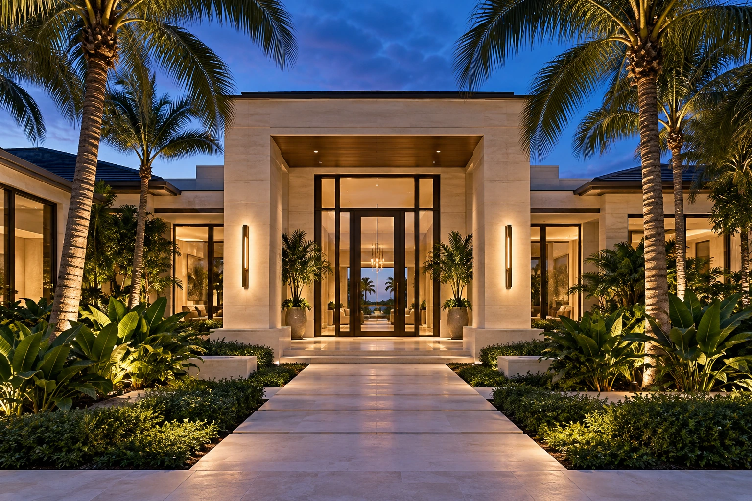 Concept rendering of a modern limestone residence and palm-lined entry