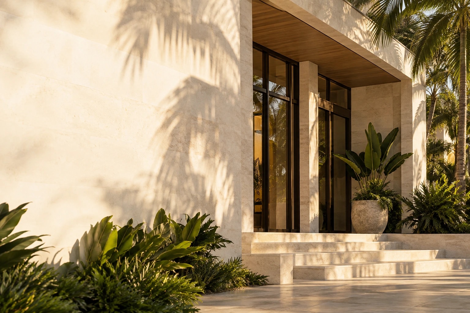 Concept rendering of sunlit limestone architecture with palm shadows
