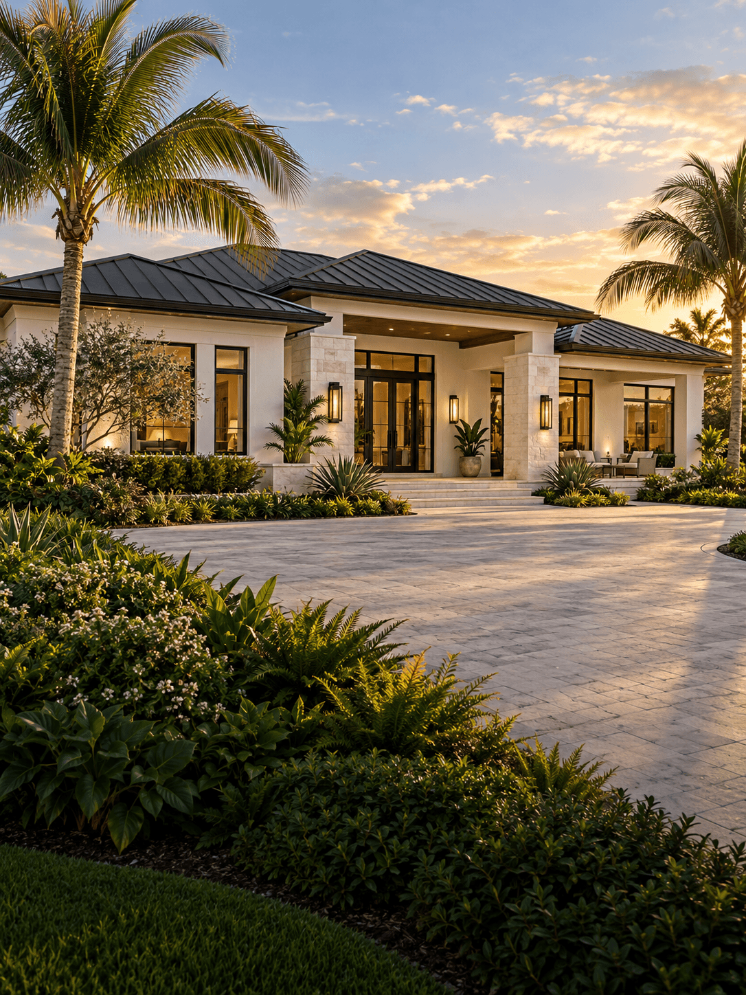Illustrative single-story coastal residence with a covered porch; not an approved model or licensed plan